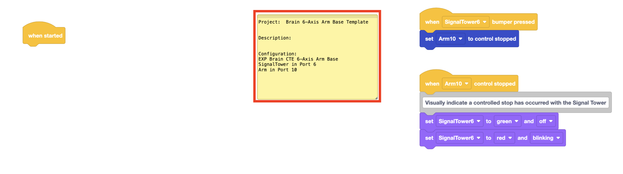 Brain CTE 6-Axis Arm Base Template project with the Note highlighted. The note reads Project: Brain 6-Axis Arm Base Template, the description is blank, and the Configuration lists the build, that the Signal Tower is in Port 6 and the Arm is in port 10. 