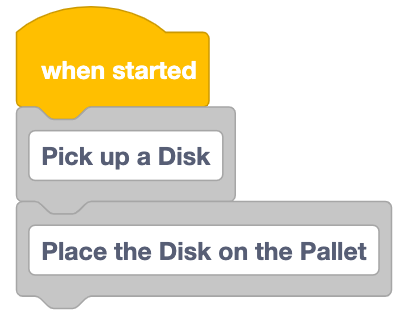 A VEXcode project with a When started block with two Comment blocks attached. The first comment reads Pick up a Disk. The second reads Place the Disk on the Pallet.