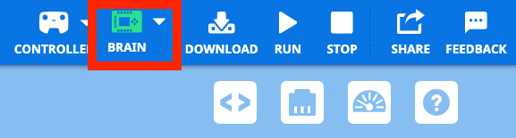 Green Brain icon shown in the VEXcode EXP Toolbar, highlighted in a red box, between the Controller icon to the left and the Download button to the right.