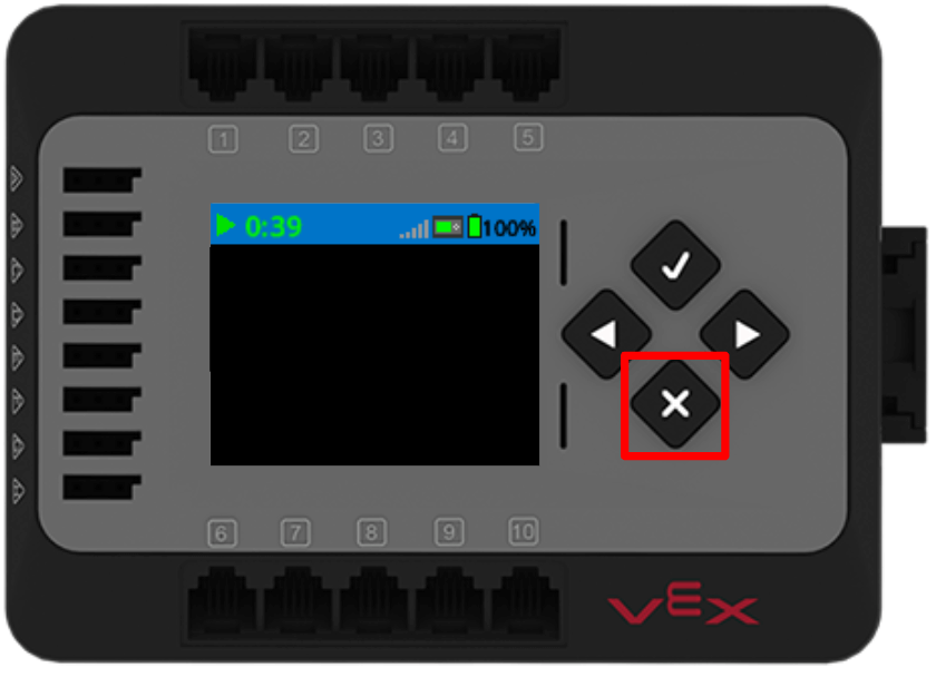 EXP Brain while the project is running. The screen is black with the timer running across the top. The timer reads 39 seconds. The X button to the right, at the bottom of the diamond of buttons on the Brain, is highlighted in a red box.
