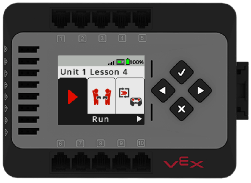 EXP Brain with the screen showing the downloaded project open. The top reads Unit 1 Lesson 4, and the bottom reads Run. The Run icon on the far left is highlighted.