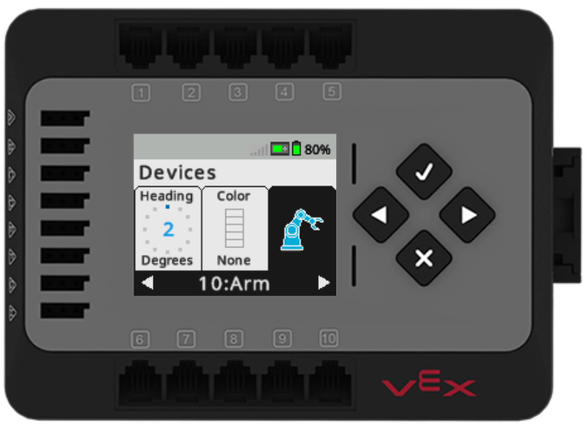 Devices screen on the EXP Brain with the Arm icon highlighted. Below the icon is the text reading 10 colon Arm.