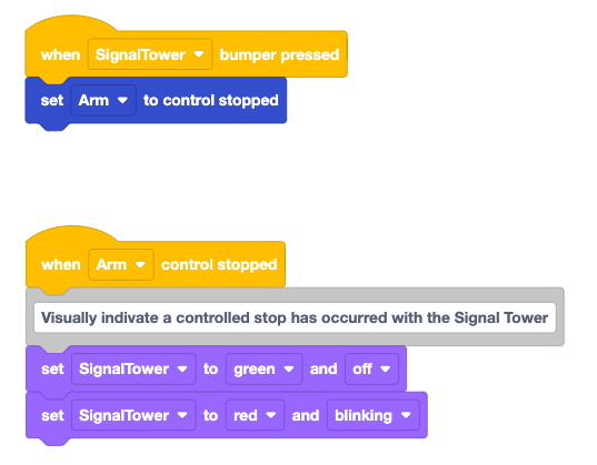 A VEXcode project with two stacks of blocks. The top stack reads a When signal tower bumper pressed, set arm to control stopped. The bottom stack begins with a When arm control stopped block, and reads When Arm control stopped, Visually indicate a controlled stop has occurred with the Signal Tower; set signal tower to green and off; set signal tower to red and blinking.