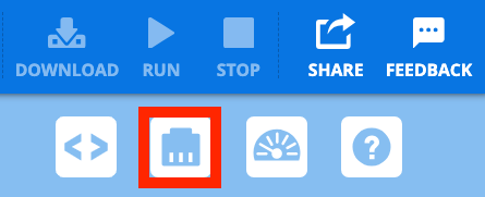 Top right corner of the VEXcode EXP toolbar with a callout on the Devices icon. This is in the second row of options and is the second option from the right, after the code viewer.