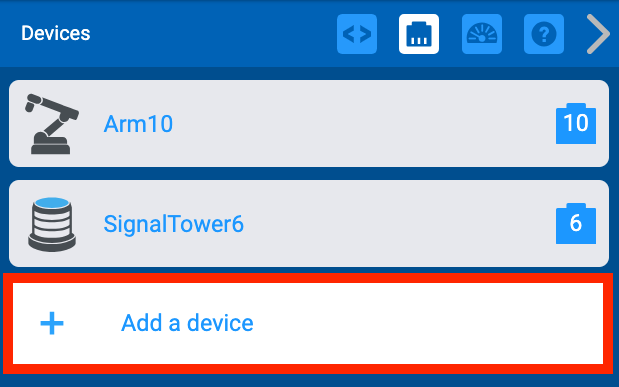 Devices Window in VEXcode EXP open. An Arm and Signal Tower can be seen configured, below that the Add a Device option is highlighted.