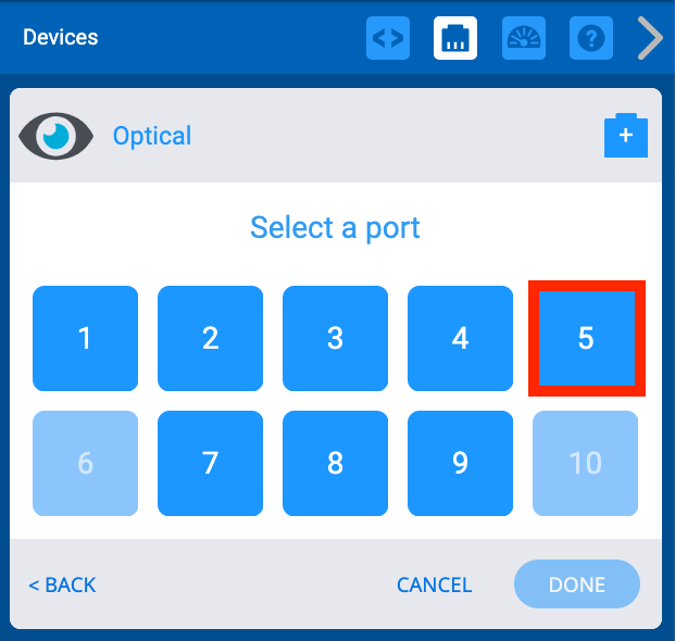 Optical Sensor configuration with ports 1 through 10 shown. Ports 6 and 10 are blocked and port 5 is highlighted with a red box.