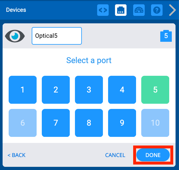 The same view as before with the port 5 button turned green and a red box around the Done button in the bottom righthand corner.