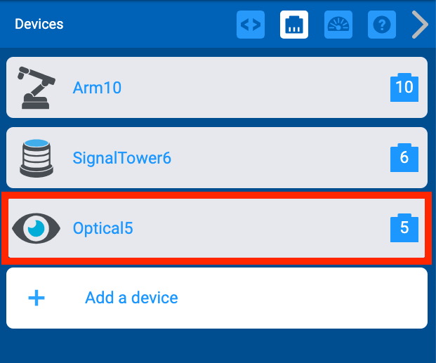 Devices Window with the Optical Sensor now listed as the third option. The name of the device is Optical 5 to also designate what port it is plugged into.
