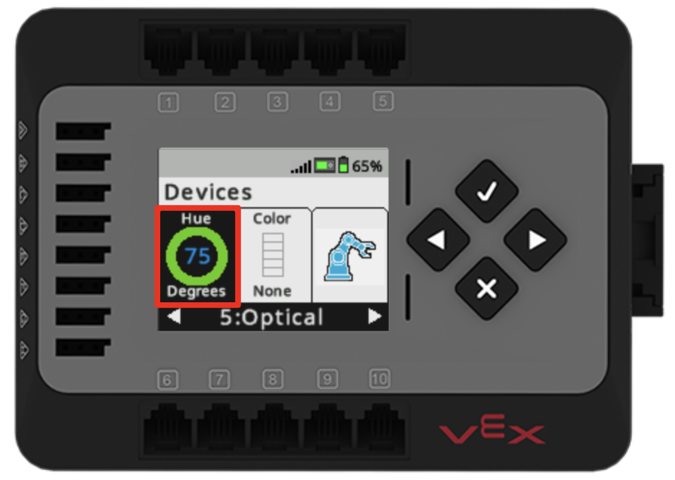 EXP Brain with the Devices Screen open. A red box calls out the data from the Optical Sensor which reads, Hue 75 degrees. A green circle is around the number 75, indicating the color that matches that hue value.