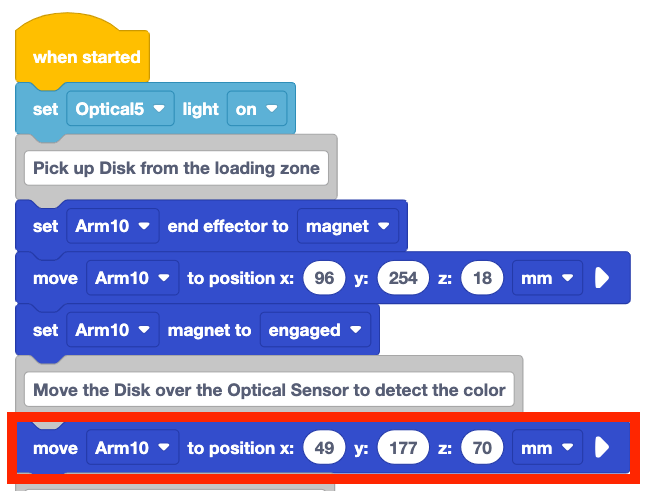 Same project as before with the second comment block being shown and a move to position block added between the second and third comments. This block reads move arm 10 to position x 49 y 177 z 70.