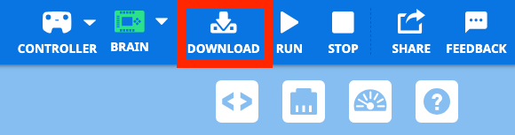 Top right of the VEXcode toolbar with a callout on the Download button. This is the third button from the top left and is between the EXP Brain icon and Run button.