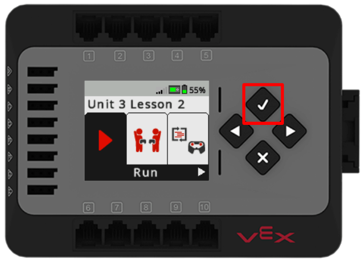 EXP Brain with the Unit 3 Lesson 2 project title on the screen and the Run option highlighted. A red box is on the checkmark button on the Brain.