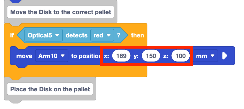 Portion of the VEXcode project being built through this lesson. This snippet begins with the third comment and is followed by three blocks that read if optical 5 detects red? then move arm 10 to position x 169 y 150 z 100. This is followed by the fourth comment.