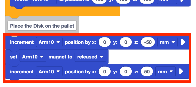 Continuation of the VEXcode project. The bottom of the if then block can be seen along with the fourth comment. Beneath the fourth comment are three additional blocks that read increment arm 10 position by x 0 y 0 z negative 50, set arm 10 magnet to released, and increment arm 10 position by x 0 y 0 z 50.