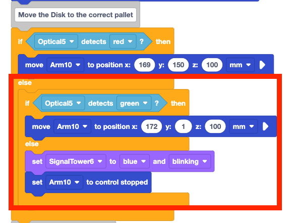Same project as above, but with the second if then else block inside of the else branch of the first if then else block. A red box is around the second if then else nested in the else branch of the first if then else block.