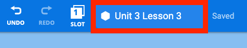 VEXcode EXP toolbar with a callout on the project name box. The project name reads Unit 3 Lesson 3.