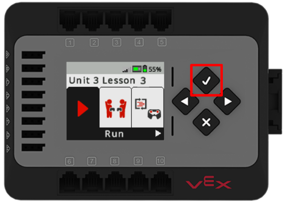 EXP Brain with the Unit 3 Lesson 3 project title on the screen and the Run option highlighted. A red box is on the checkmark button on the Brain.