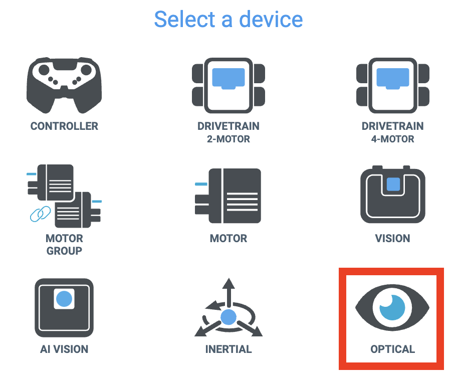 List of icons and options for devices that can be configured in VEXcode EXP. The Optical Sensor is shown in the third row and third column in the bottom right corner of this image.