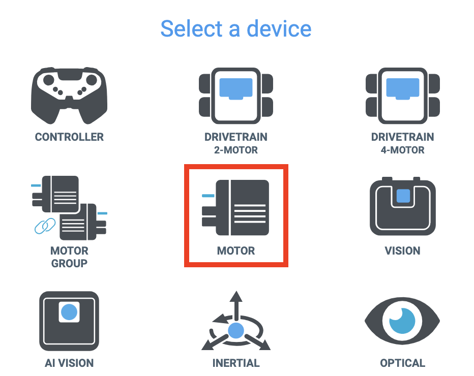 Device options in the Devices Window, with the Motor icon called out in red.