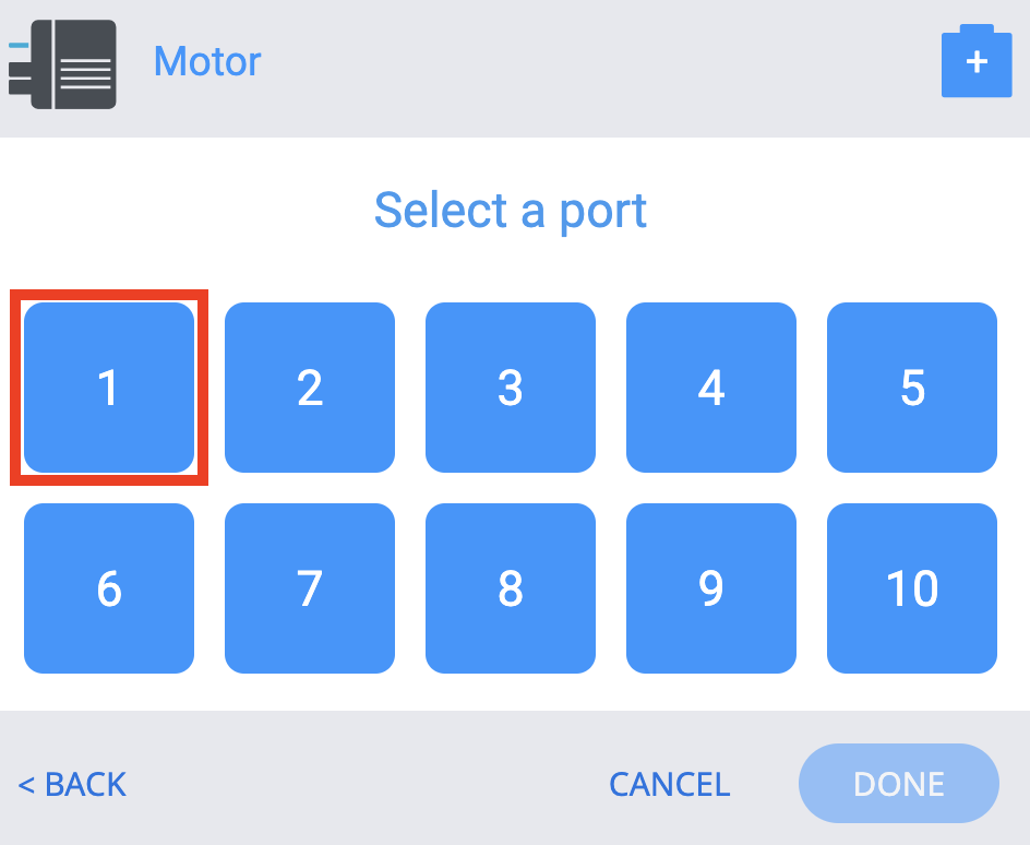 Devices Window with Port 1 highlighted for the Motor.
