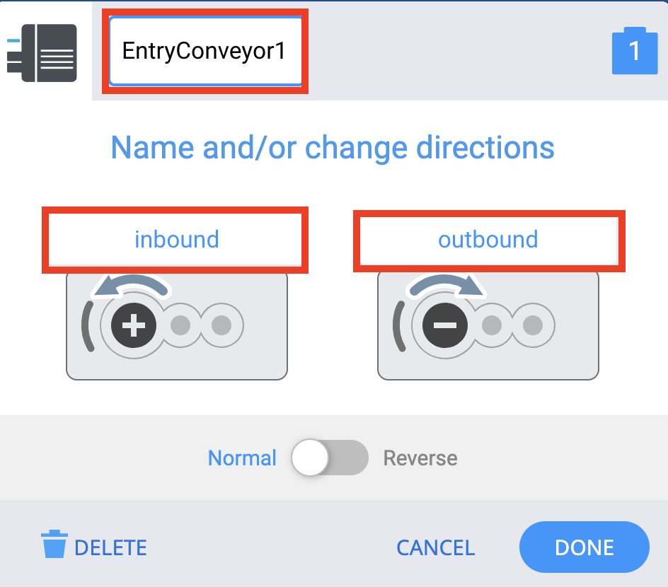 Devices Screen with motor configuration screen displayed, and the motor name and motor direction blocks highlighted. The motor is named Entry Conveyor 1 and the directions are named inbound and outbound.