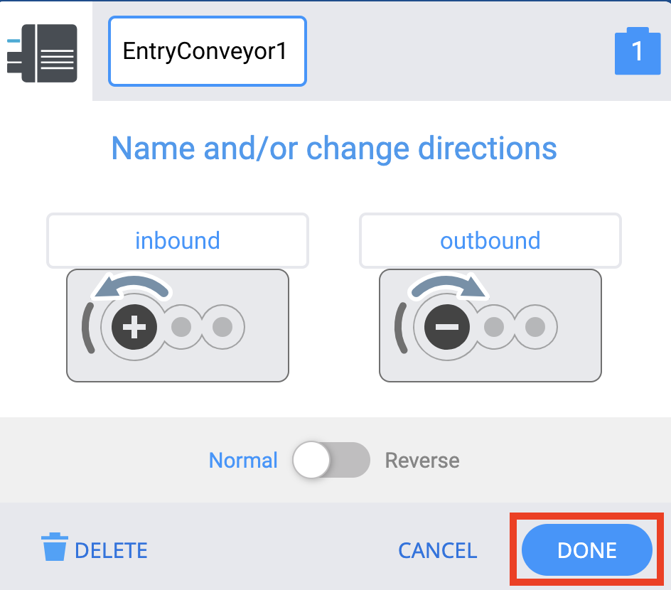 Devices screen with motor and directions renamed and the Done button called out in a red box.