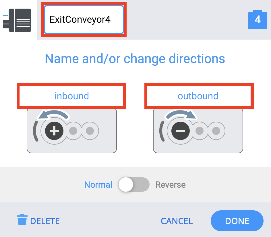 Devices Screen with motor configuration screen displayed, and the motor name and motor direction blocks highlighted. The motor is named Exit Conveyor 4 and the directions are named inbound and outbound.