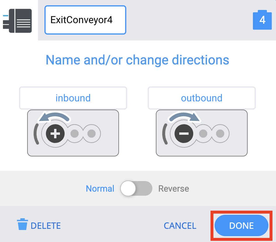 Devices screen with motor and directions renamed and the Done button called out in a red box.