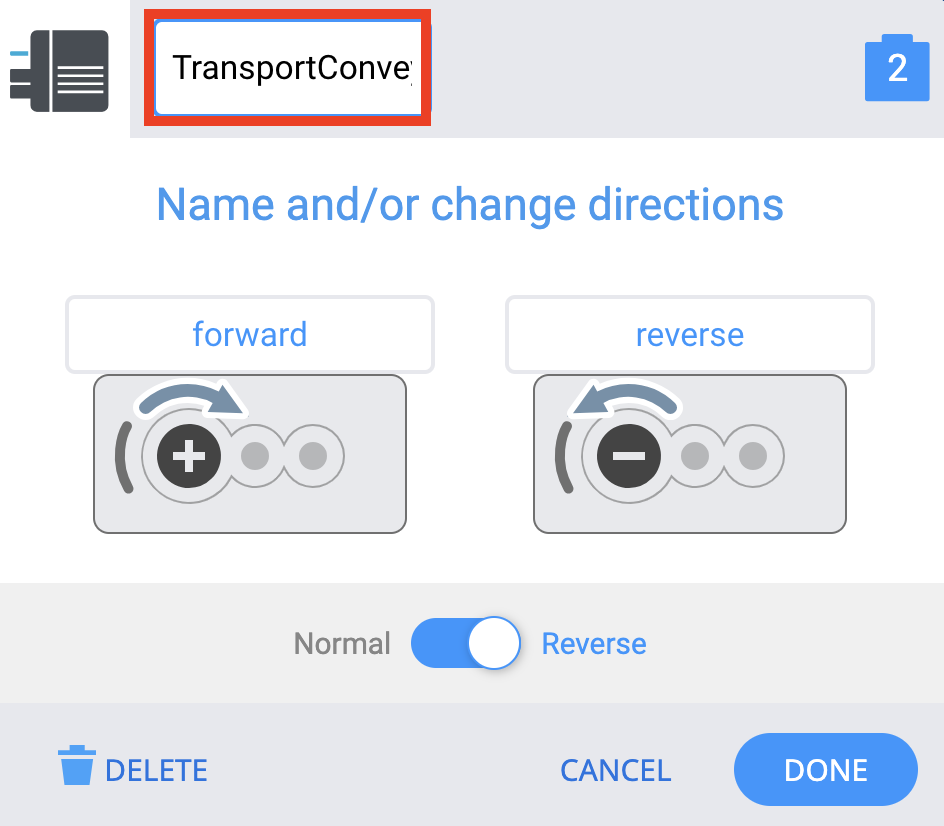 Devices Screen with motor configuration screen displayed, and the motor name and motor direction blocks highlighted. The motor is named Transport Conveyor 2, and the directions are named forward and reverse..