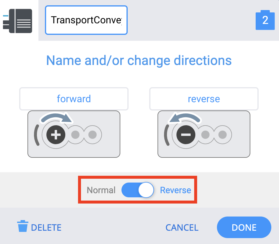 Devices screen with the toggle button selected to change the direction from normal to reverse.