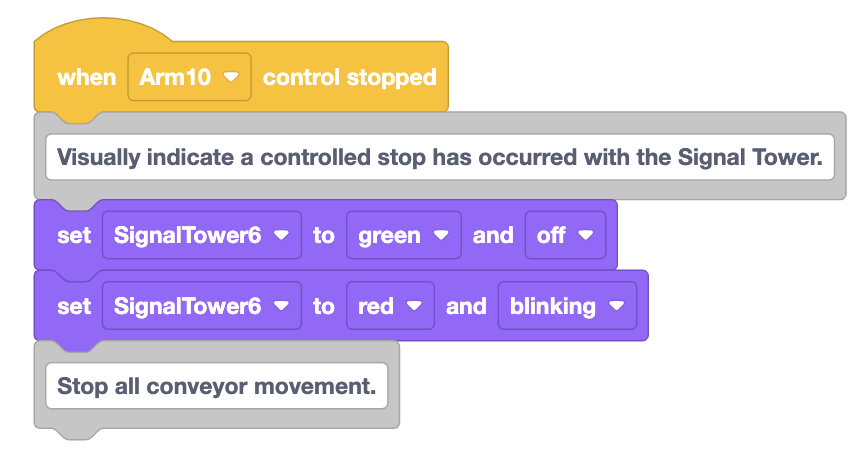 VEXcode EXP blocks project that reads When arm 10 control stopped, then a comment block that reads Visually indicate a controlled stop has occurred with the Signal Tower. Next is two blocks read Set signal tower 6 to green and off, then set signal tower 6 to red and blinking. Lastly there is another comment block that reads Stop all conveyor movement.