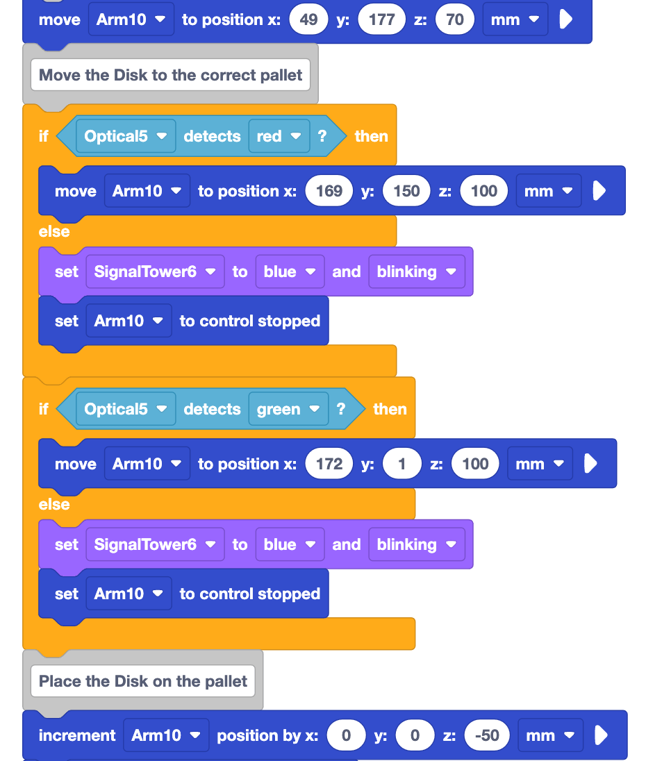 Same vexcode project with a second if then else block added directly after the first. This block and the blocks contained within read: if optical 5 detects green then move arm 10 to position x 172 y 1 z 100 else set signal tower 6 to blue and blinking, set arm 10 to control stopped.
