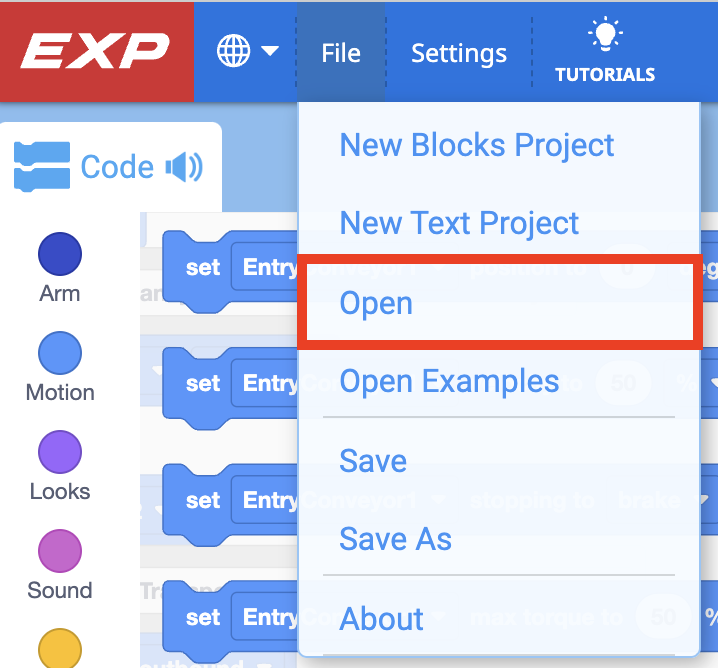 VEXcode EXP Toolbar with the File menu open, and Open selected with a red box. 'Open' is the third item in the menu, beneath 'New Blocks Project' and 'New Text Project'.