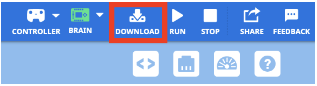 VEXcode EXP Toolbar with the Download icon called out in a red box, in between the Brain and Run icons. 