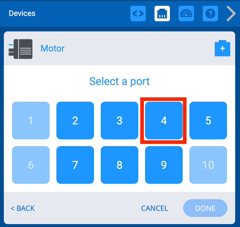Devices Window with Port 4 highlighted for the Motor.