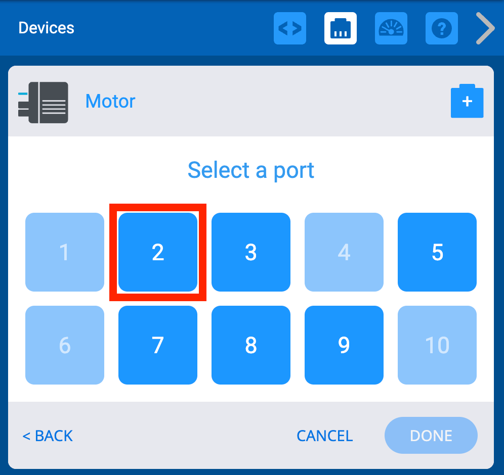 Devices Window with Port 2 highlighted for the Motor.
