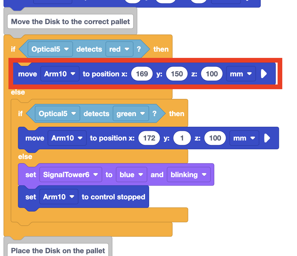 Close up view of the project with the move to position block in the if then branch of the first if then else block called out with a red box.