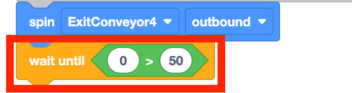 The Wait Until block that was just added, with a new boolean parameter of 0 greater than 50.