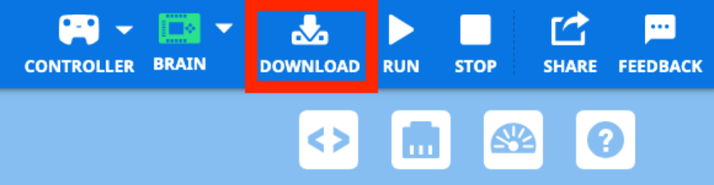 VEXcode EXP Toolbar with the Download icon called out in a red box, in between the Brain and Run icons. 