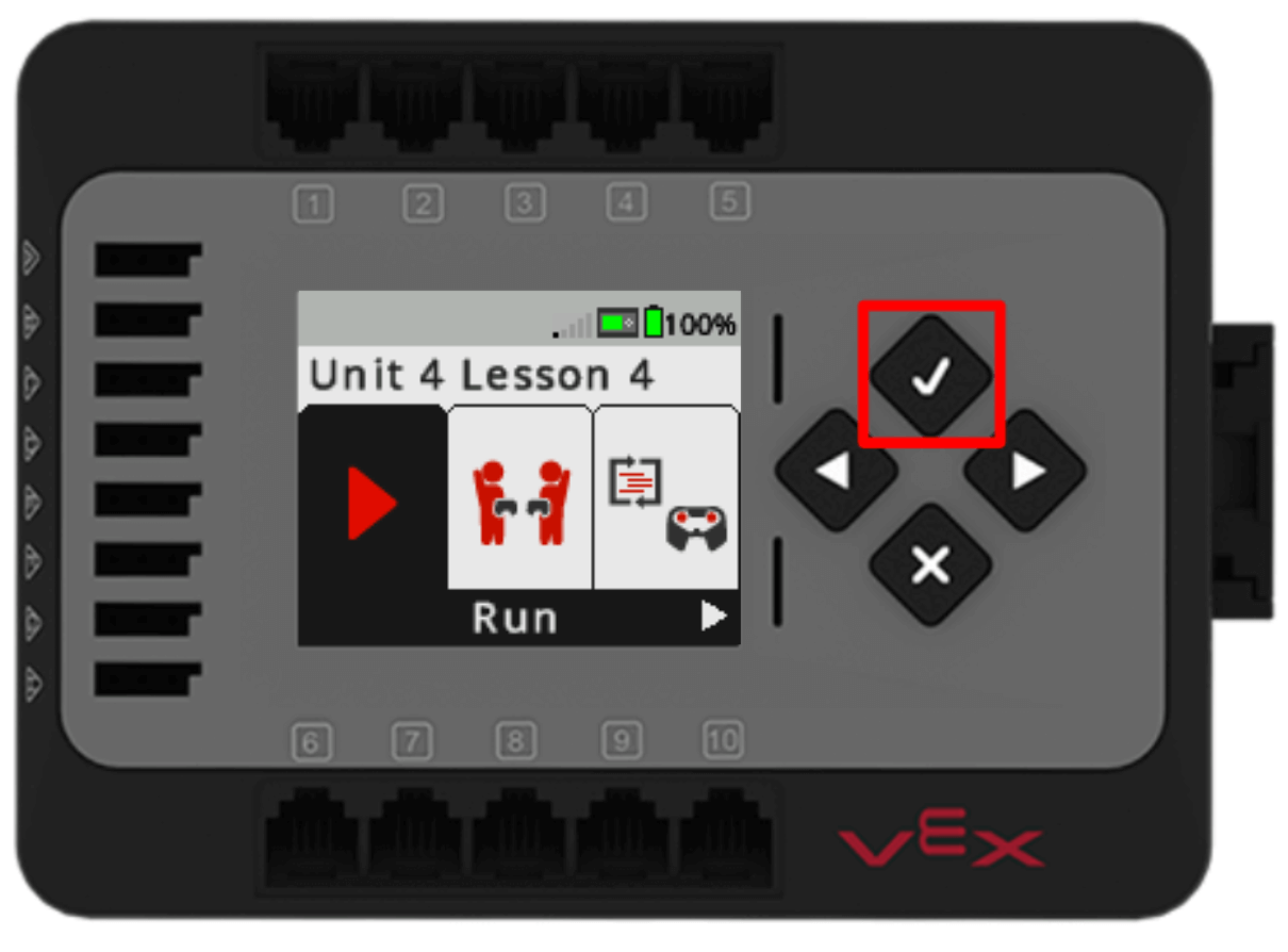 EXP Brain with the diamond Check button called out in a red box to start the Unit 4 Lesson 4 project.