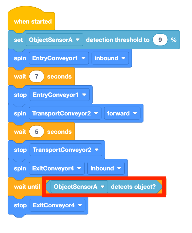 Alternate version of the VEXcode EXP stack, with the Wait Until boolean block changed to a Detection Threshold system. The whole stack now reads When started, set object sensor A detection threshold to 9%. Next, spin entry conveyor 1 inbound, wait 7 seconds, and then stop entry conveyor 1. Next, spin transport conveyor 2 forward, wait 5 seconds, and then stop transport conveyor 2. Next, spin exit conveyor 4 inbound, wait until object sensor A detects object, and then stop exit conveyor 4.