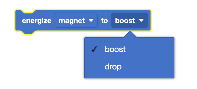 Bloco VEXcode GO Energize Electromagnet com os parâmetros de aumento e queda no menu suspenso do bloco apresentado.
