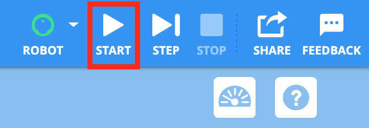 VEXcode 123 Toolbar with the Start button called out in a red box, in between the Robot and Step icons.