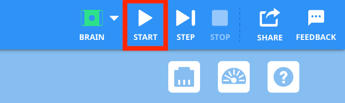 The Start button in the Toolbar of VEXcode GO, highlighted with a red box. The Start button is between a green Brain icon and the Step button.
