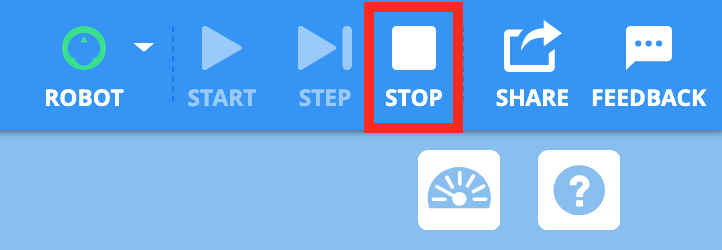 VEXcode 123 Toolbar with the Stop button called out in a red box, in between the Step and Share icons.