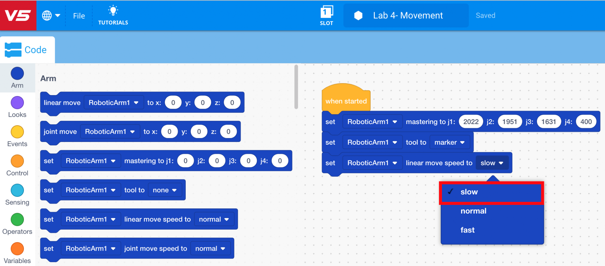 Set linear speed to slow