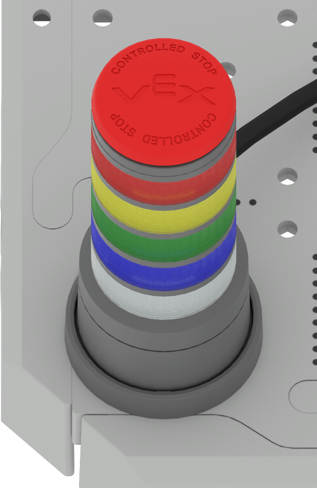 Close up of the Signal Tower showing the Controlled Stop button on top that triggers a controlled stop when pressed.