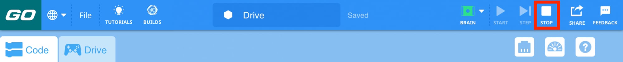 VEXcode GO Toolbar with the Stop button called out in a red box, in between the Step and Share icons.