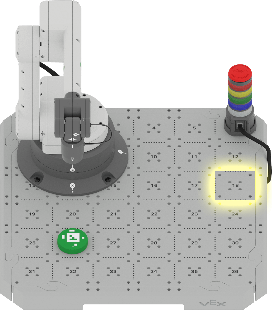 Activity setup image showing the 6-Axis Arm, a green Disk on number 26 of the CTE Tile, and the number 18 on the Tile highlighted.