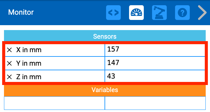 The VEXcode Monitor console showing the X, Y, and Z positions of the 6-Axis Arm in millimeters. The current positions are the following, X is 157, Y is 147, and Z is 43. Those three positions are highlighted with a red box.